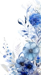 a painting of blue flowers on a white background. Abstract Cerulean color foliage background with negative space for copy..