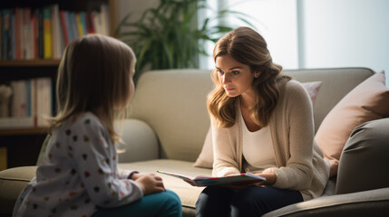 Psychologist talks to the child during the session