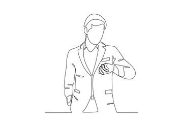 A man looks at his suit. Tuxedo one-line drawing