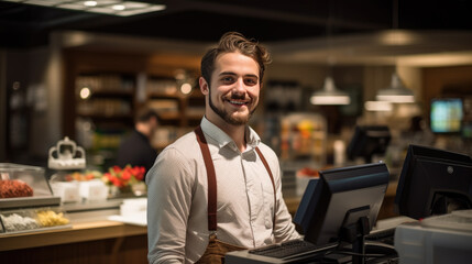 Smiling male cashier at checkout counter with digital tablet in store