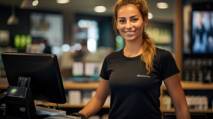 Smiling female cashier at checkout counter with digital tablet in store