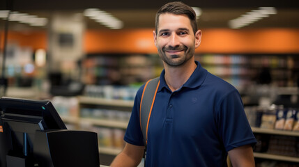 Fototapeta premium Smiling male cashier at checkout counter with digital tablet in store