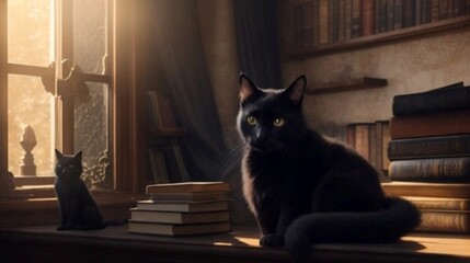 A mysterious black cat perched on a sunlit windowsill in an old, dusty library.AI generated