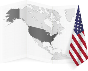 USA grayscale map and hanging flag.