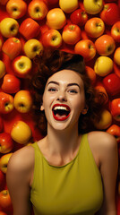 Fototapeta na wymiar Portrait of a smiling young pretty woman against a background of many fresh delicious apple. Lots of apples, vertical banner. 
