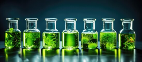 Green microalgae are cultivated in small bottles with nutrient rich seawater under lab conditions With copyspace for text