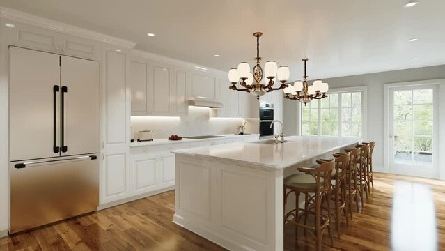 Traditional white kitchen with long island and wooden chairs with varnished wood flooring. 