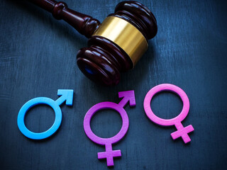 Gender symbols and gavel as symbol of legislation and equality laws.
