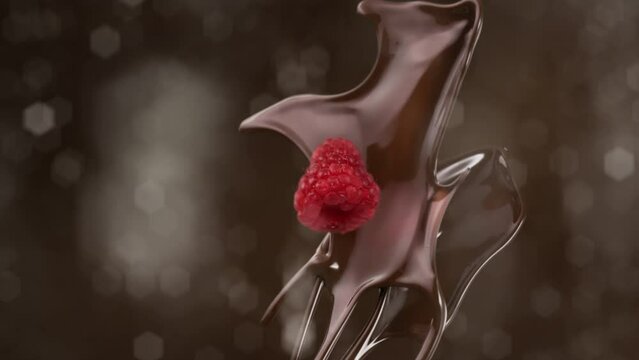 Dark chocolate and raspberry splashing and falling in slow motion with bokeh background