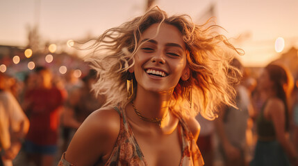 Naklejka premium A happy young woman is dancing at a music festival event in summer