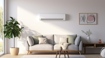 Fototapeta na wymiar Air conditioner on white wall in modern room with stylish grey sofa