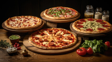 Fototapeta na wymiar Set of Fresh Italian Pizzas on wooden table.