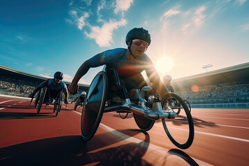 A group of disabled athletes participating in wheelchair sports on a treadmill in a stadium. Competitions of wheelchair athletes - obrazy, fototapety, plakaty