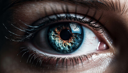 Close up of one person blue eye, staring at camera generated by AI