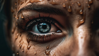 Beautiful young adult woman with wet brown hair looking at camera generated by AI