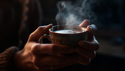 Fototapeta na wymiar Hand holding hot coffee mug, steam rising, indoor relaxation generated by AI
