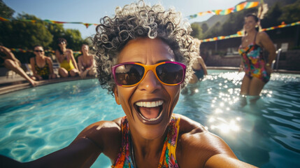 Obraz na płótnie Canvas Selfie of excited senior woman in pool. Pensioner on vacation.