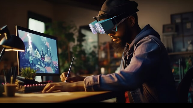 A graphic designer is working using their virtual reality in front of a computer