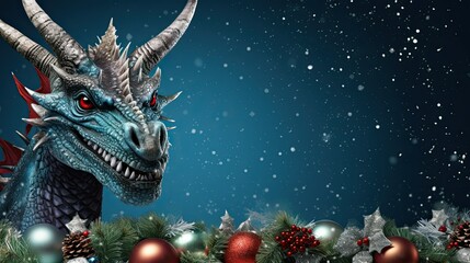 Christmas banner with blank space for text, dangerous blue dragon with christmas decorations. Generative AI