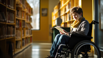 Obraz premium Guy in a wheelchair in a university library