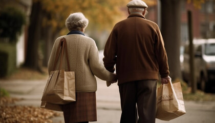 Senior couple holding hands while shopping for weekend activities outdoors generated by AI