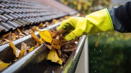 Hand is collecting leaves from the rain gutter - obrazy, fototapety, plakaty