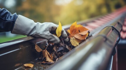 Hand is collecting leaves from the rain gutter - obrazy, fototapety, plakaty