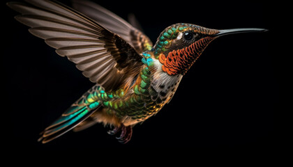 Obraz premium Hummingbird flying with spread wings, iridescent and multi colored feathers generated by AI