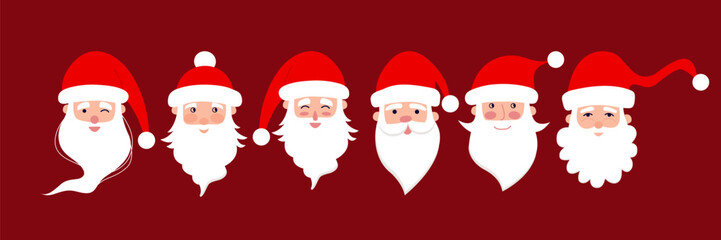 Obraz na płótnie Canvas Santa Claus head flat style kit. Vector Christmas set of funny Santa Claus character set with beard and hats.