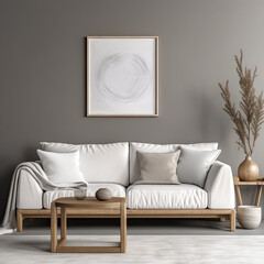 Wooden square coffee table near white sofa in room with grey wall with art poster. Minimalist elegant home interior design of modern living room