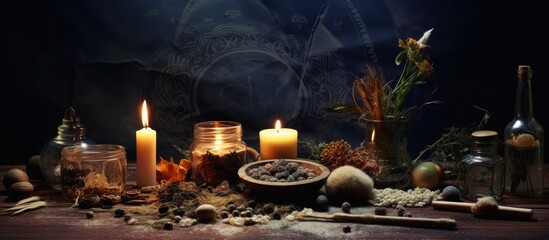 A witch s protective altar for shielding against negative energies With copyspace for text - obrazy, fototapety, plakaty