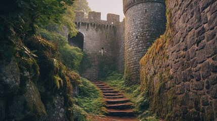 A medieval castle where a towering stone wall - obrazy, fototapety, plakaty