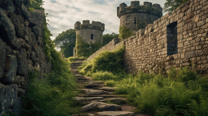 Fototapeta na wymiar A medieval castle where a towering stone wall