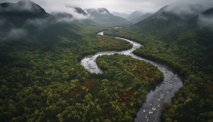 Panoramic aerial view of stunning mountain range in autumn season generated by AI