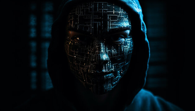 Hooded thief in the dark, stealing data from computer generated by AI