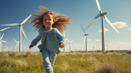 Little child run across a field and play in front of wind turbines. - obrazy, fototapety, plakaty