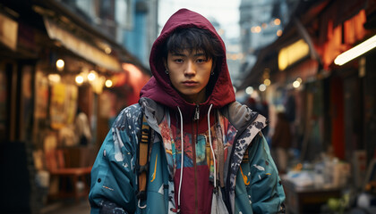 Fototapeta premium Confident young man in hooded shirt looking at camera at night generated by AI