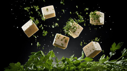 Falling greek feta cubes with herbs and spices, diced soft cheese isolated on black background