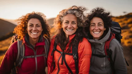 Foto op Plexiglas Group of senior women posing during sunset or sunrise hike. Healthy lifestyle concept. © AllistairBot/Peopleimages - AI