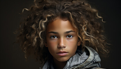 Fototapeta premium Curly haired child looking cute, smiling, innocence in portrait image generated by AI
