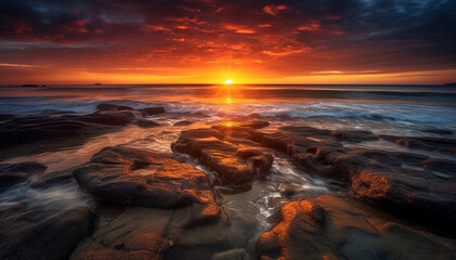 Tranquil seascape sunset over rocky coastline, nature beauty in motion generated by AI