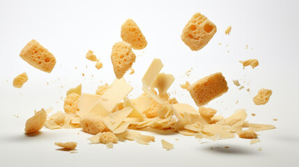 Chunks of hard cheese fall against a light-colored background