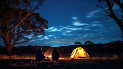 Friends campers looks up at the night sky and stars next to their tent in nature