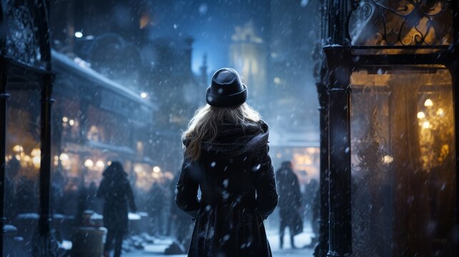 woman in the snow at night on the street