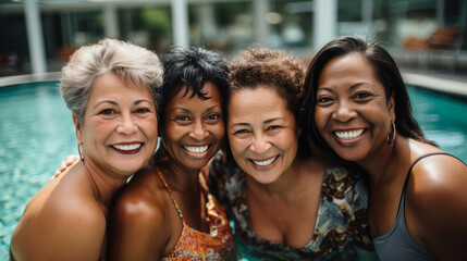 Group of senior women in pool on vacation. Happy friends on holiday.