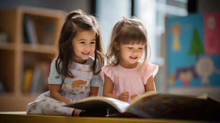 Two little preschoolers reading a book sitting at the classroom