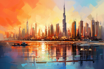 Fototapeta premium oil painting on canvas, Dubai city - amazing city center skyline and famous Jumeirah beach at sunset, United Arab Emirates. (ai generated)