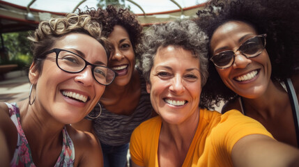 Fototapeta premium Group selfie of senior woman at poolside. Happy seniors on vacation.