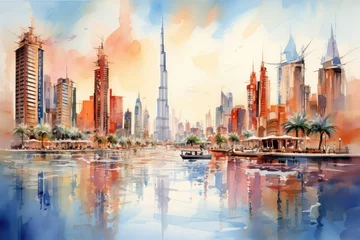 Foto op Plexiglas oil painting on canvas, Dubai city - amazing city center skyline and famous Jumeirah beach at sunset, United Arab Emirates. (ai generated) © ImagineDesign