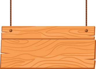 Hanging wood board sign, rustic cartoon signpost or billboard, notice and information theme